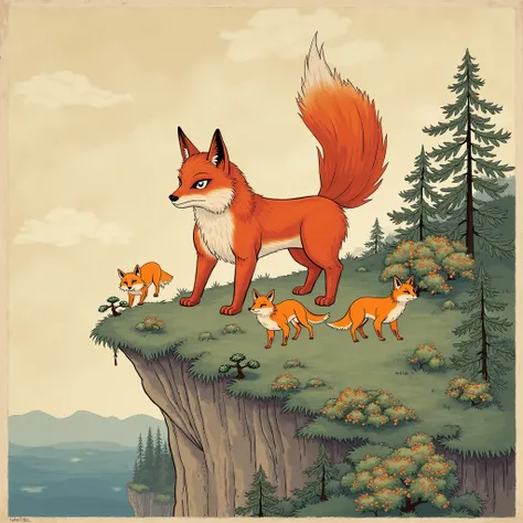 A kitsune, with three foxfires around it, the kitsune is standing on a hill with one leg heeled forward. The hill should contain some trees and bushes. The hill is an open cliff with the kitsune standing on its edge. The weather is cloudy with the kitsune'...