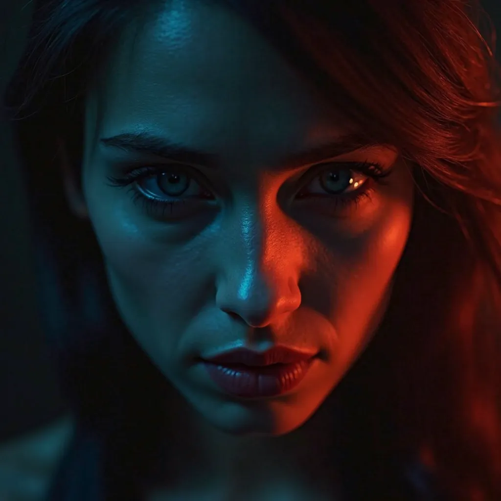 the actress's face is shown in close-up with a sad expression, illuminated by red stage light from above, and illuminated by blue light from below, her face is very expressive and beautiful, portrait