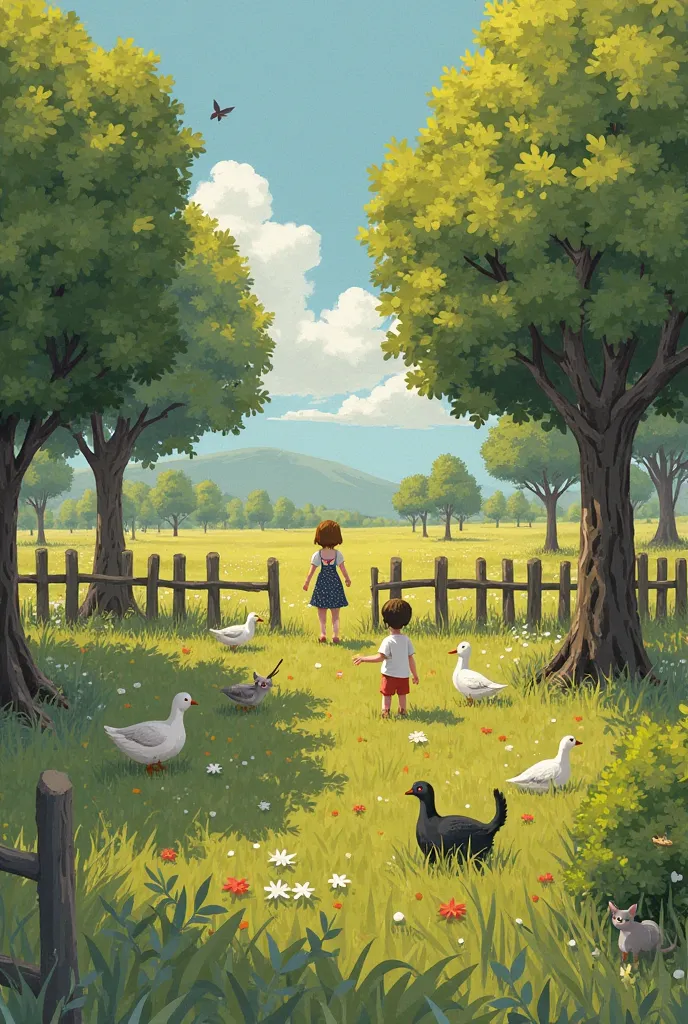 create a picture of a huge plot of land divided in two by a tall fence in the middle. one side of the fence should be full of geese and fruit trees and a girl should sit on one of the trees close to the fence.
 the other side of the fence should be full of...