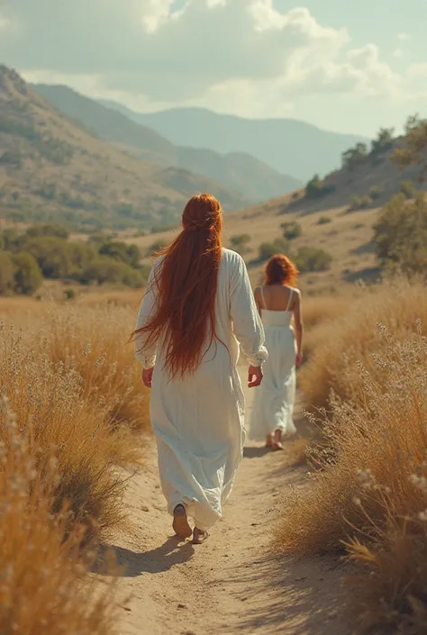 un homme  latino avec d es vêtement décontracté blanc il et dans un autre monde  fantastique  il voie une femme de loin une femme avec des cheveux rouge long bouclé qui vient vers lui il marche le long du paysage  fantastique avec la femme aux cheveux roug...