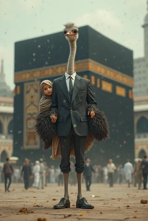 Want to generate ai images of ostrich is wearing suit and standing Infront if kaaba with baby girl in hijab