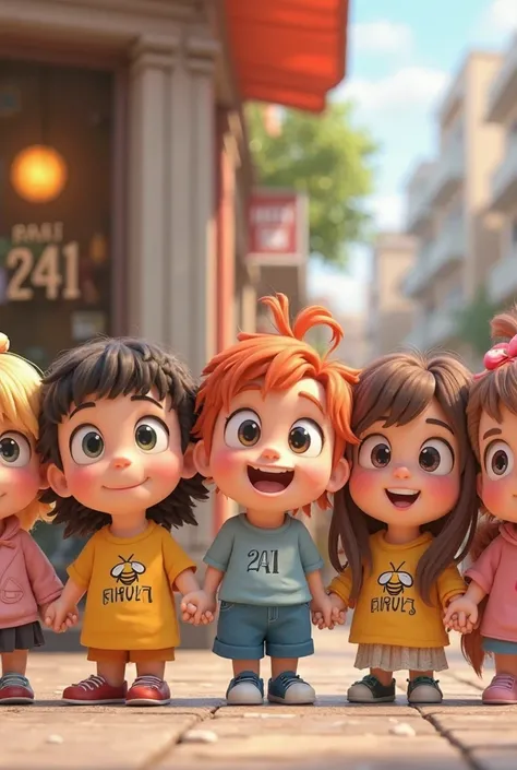 3D style animated image, a group of chibi little ren and smiling cutely giving cheerful and happy expressions from various races lined up in a row, wearing clothes with a picture of a cibhi bee and there is a number 241 written on the clothes they are wear...