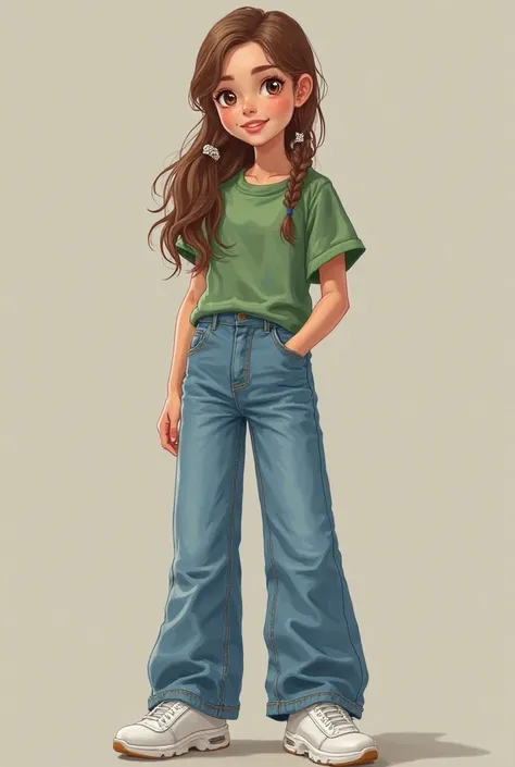 A girl of European appearance, 165 centimeters tall, 20-25 years old with brown hair and two white strands on the sides of her hair,  brown eyes,  cute face, , wears a green shirt with wide jeans and white sneakers