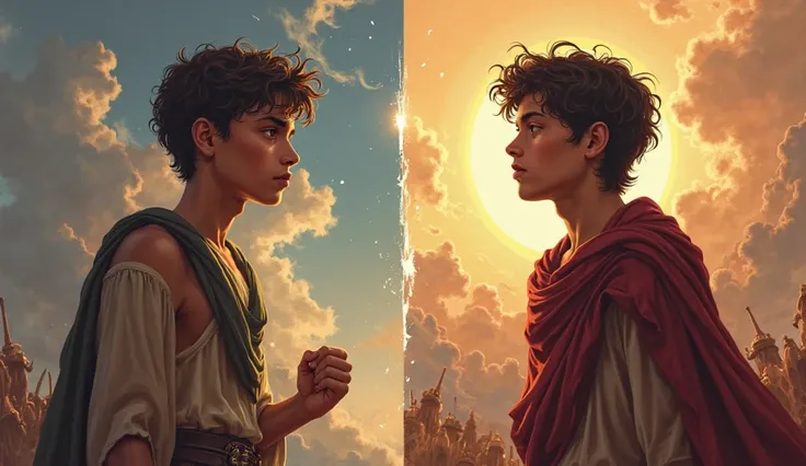 Create a thumbnail that shows the young boy David before the battle, nervous and insecure, and after the battle, confident and victorious. This can illustrate the transformation that the story represents.