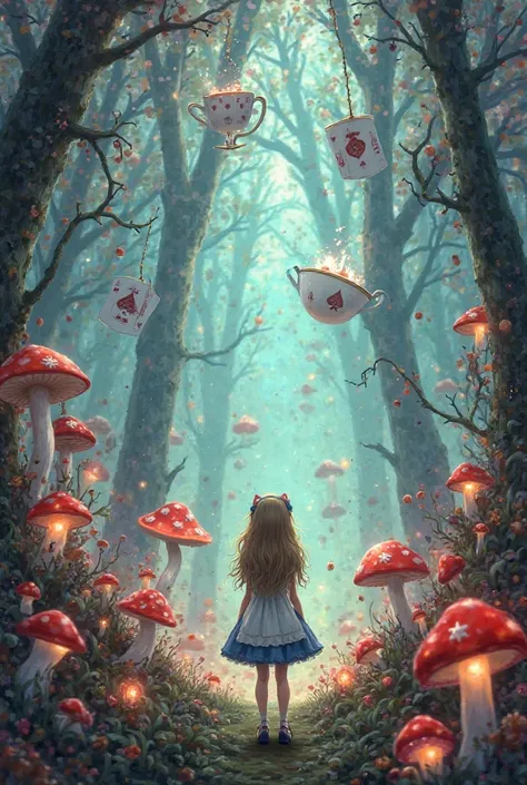 Magic sounds are heard, bells chime a gentle breeze flickering lights.  huge hours , tea cups giant playing cards magic mushrooms. In the center, Alice is looking around