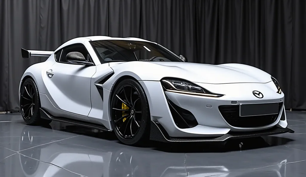 Left view painted White With Shiny Colour 2025 Mazda RX7 sleek in large shape sedan in large size with  Mazda RX7 "logo on its large detailed grille in Shiny Black colour With Angular Spety Design Captured From Close Back view With Modified Sleek Back Ligh...