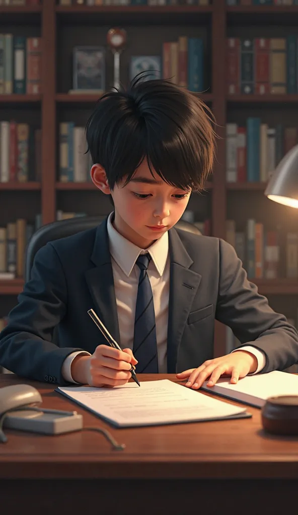 
A very tasteful boy with a neat and formal dress is in his office writing Purdili at his desk