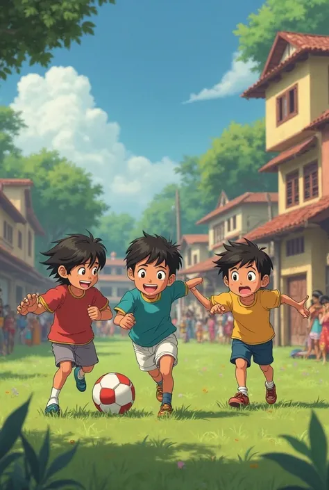 Four Friends Play Football At The Indian Village in Local area In Gibli Studio Animation 