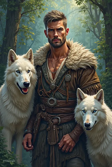 The badge with a man who has wolves by his side, he has wild wolf clothing, the man has blue eyes, a short beard and hair cut a little on the sides and a little longer in the middle in a forest