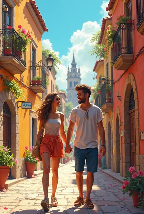 Young Spanish couple in a town in Spain