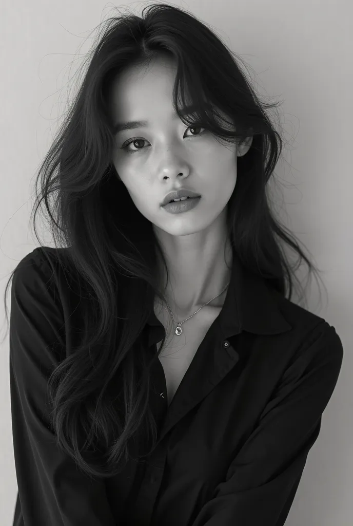 arafed woman with long hair and a black shirt posing for a picture, a black and white photo inspired by Jeong Seon, tumblr, shin hanga, in black and white, black and white picture, with high cheekbones, sangsoo jeong, heonhwa choe, asian face, kwak ji youn...