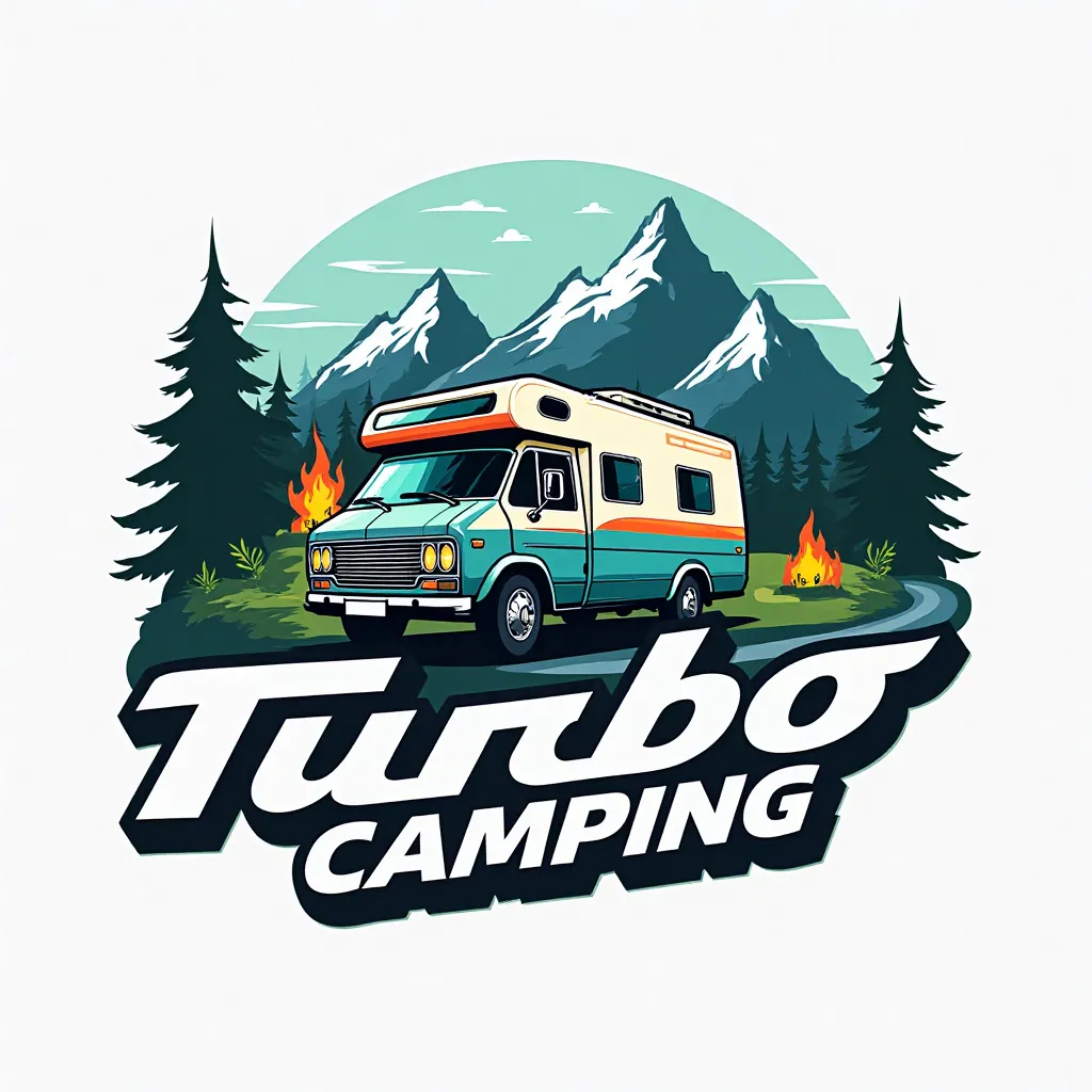 "A modern and adventurous logo for a YouTube channel named 'Turbo Camping'. The design should feature a dynamic camper van or motorhome with a sleek, turbo-inspired look, symbolizing speed and exploration. Include outdoor elements like mountains, pine tree...