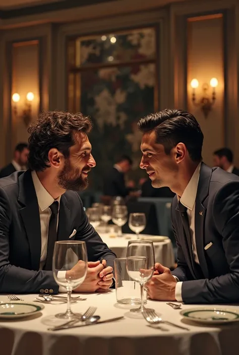 Messi and Ronaldo sitting a same table in a restaurant both wearing a suit