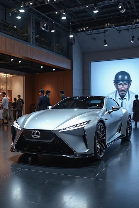 Generate a detailed display of a [Lexus EVand 2025] in a high-end showroom. Provide a clear front right-view image and front right-view image of the car in high resolution. The car should be in [silver] with all details visible, including headlights, grill...