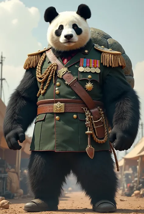 A large Panda in the uniform of 
Military and with a turtle's back 