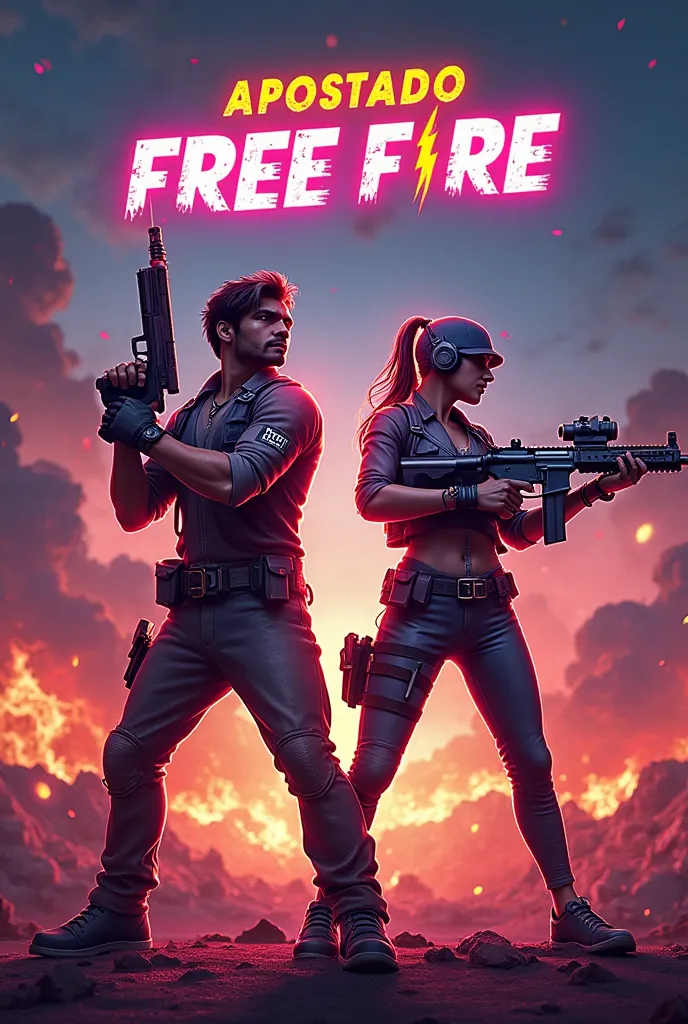 Digital promotional art for the Free Fire. Explosive background with neon tones and an intense battle scenario. Two iconic characters from the game (como Alok e Kelly) holding weapons in combat position,  ready for the duel . At the top, flashy gamer-style...