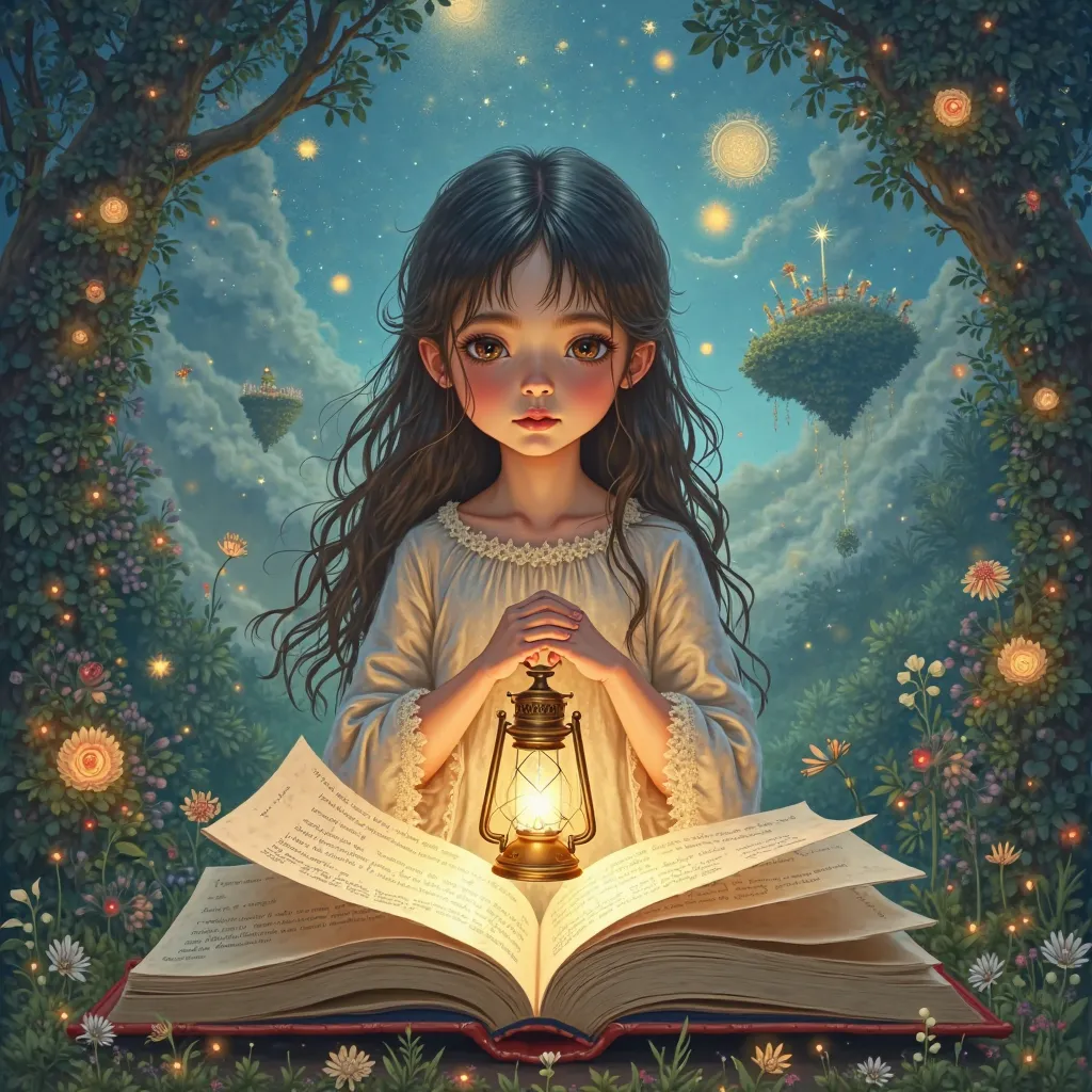 il y a une photo d'une fille tenant une lanterne devant un livre, a illustration de livre pour enfants inspired by Christophe Vacher, Tumblr, réalisme magique, storybook style, , livre de fantasy illustration, réalisme magique style, art du conte, livre d'...