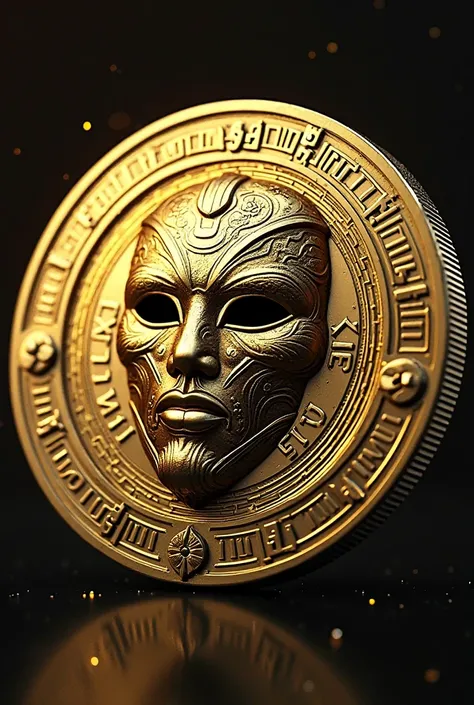 A digital cryptocurrency coin named 'dinarx'. The coin is golden with a sleek, modern design resembling Bitcoin. On the front side of the coin, the words 'dinarx' are engraved in bold, futuristic font. In the center of the coin, a detailed, artistic versio...