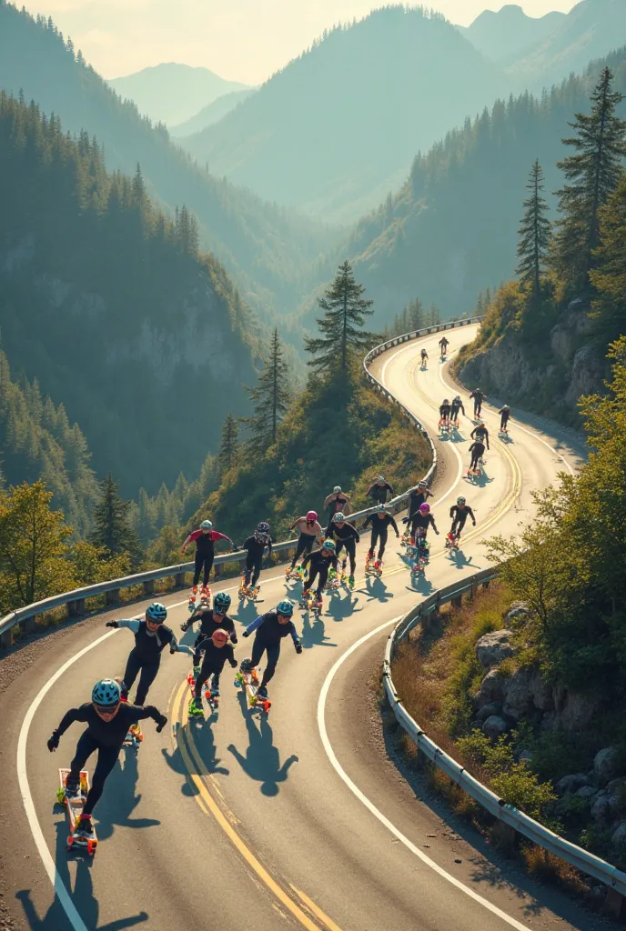 group of massive 20-year-old people descending on skates, on a highway at curvy speed, wearing black sportswear, colored wheels, colored helmet, knee pads, Gloves, on day,  green mountains , trees