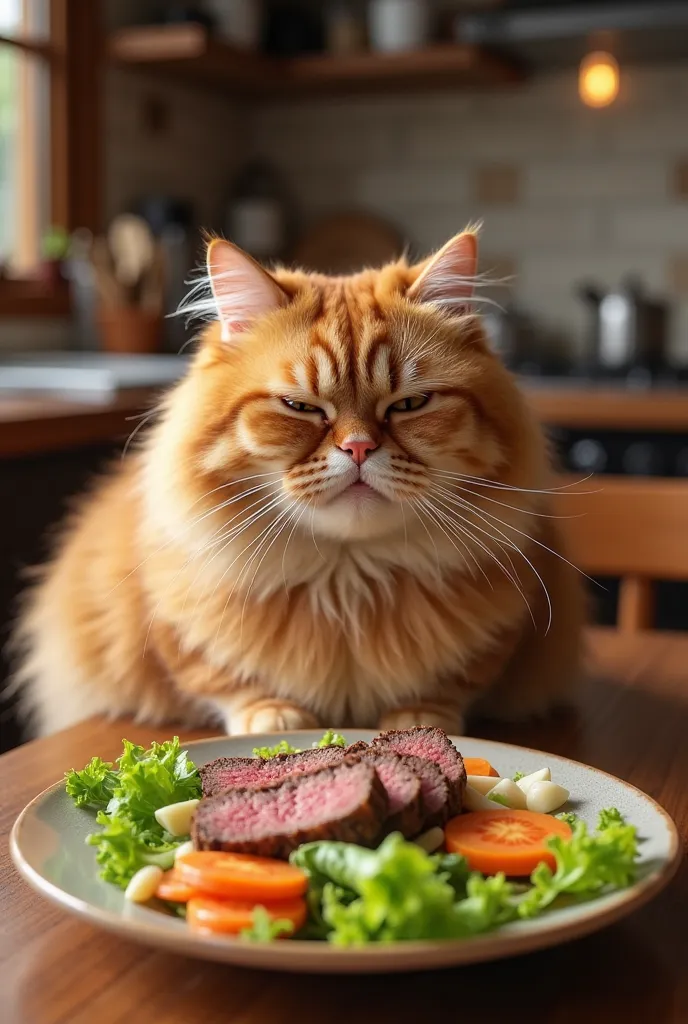 A plump, fluffy orange cat with a round belly is sitting at a wooden dining table, happily munching on a plate of fresh vegetables and tender beef slices. The cat’s whiskers twitch as it chews, eyes half-closed in satisfaction. The dish includes vibrant gr...