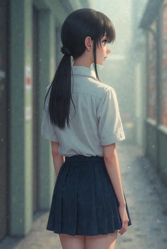 young girl, school uniform shorts, from back