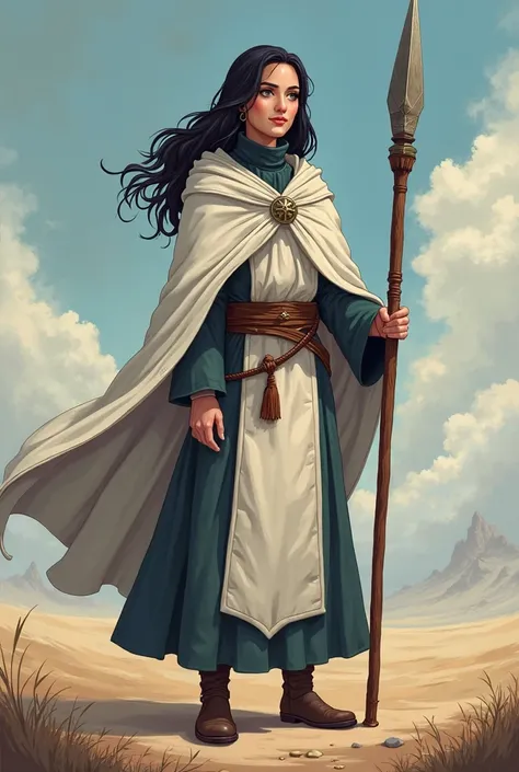 a cartoon image of a woman in a hoodedie with a staff, black - haired mage, white cloak, wearing cloak, wearing a flowing cloak, caleb from critical role, wearing a cloak, cloaked, wearing cloak on blasted plain, picture of a male cleric, dressed like a cl...