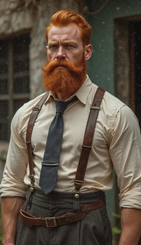 1930s white male age 30 ginger hair, full beard, strong, 1930s outfit 4k ultra realistic photo high quality Textured Skin accurate 