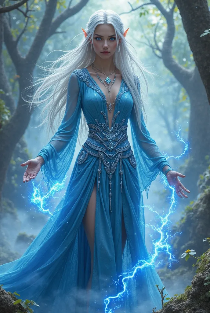 A beautiful young Elf maga, with long silver hair,  fair skin,  blue eyes, wearing blue costumes