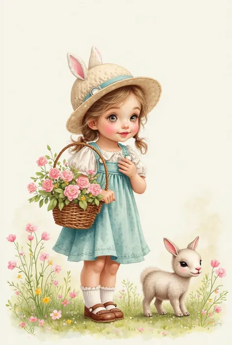 watercolor painted picture of a young girl holding a basket of spring flowers, spring flowers and grass, young lamb, spring background, soft spring colors, shabby pinks, shabby creams, shabby blues, shabby chic feel, vintage feel --ar 4:7 --v 6.1