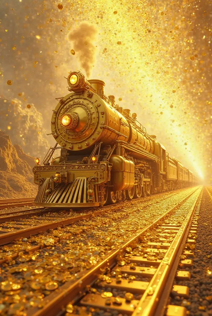 A large gold train walking on the gold rail raining thousands and thousands of ultra realistic gold coins 