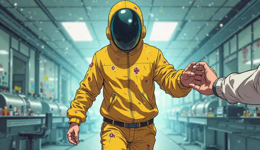 Anime illustration in a bright and colorful. The guy is wearing a yellow protective suit against radiation with cuts and signs of viral infection. He's trying to get ahead, but someone pushes him away with his hand (I can't see someone else's hand). The ch...