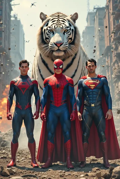 The spiderman walks with thor and superman, a gigantic white tiger in the back, in the destroyed city, smokes, exploded bomb, fire, buildigs, realisic photo.