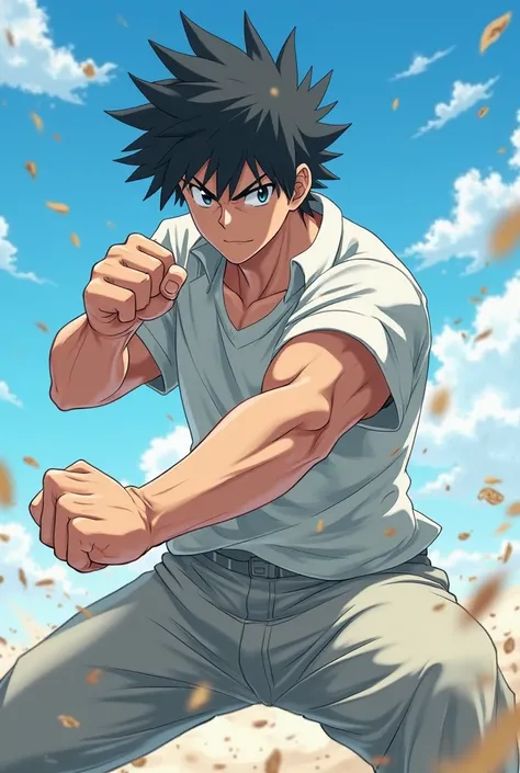  Anime style. anime man, 25 years old.  black hair.  in full.  clear day , blue sky from above. One in the picture. Man fights.  Man fights кулаками. A man in light clothes.  serious face 