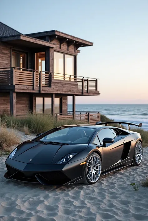 4. Beach House with a car: knight's hard black heavy metalic color, 2010 Lamborghini LP 644 sport coupé car with silver chrome polished wheels and white lettering on the tires, A seaside house with a wooden deck and ocean views, with a car parked out front...