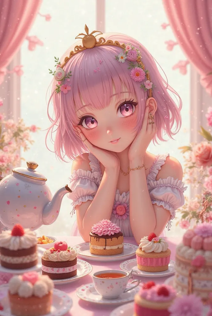 Cute woman anime style, cotton candy hair, treating herself with cakes and sweets, a teapot pouring tea by itself in a cute cup