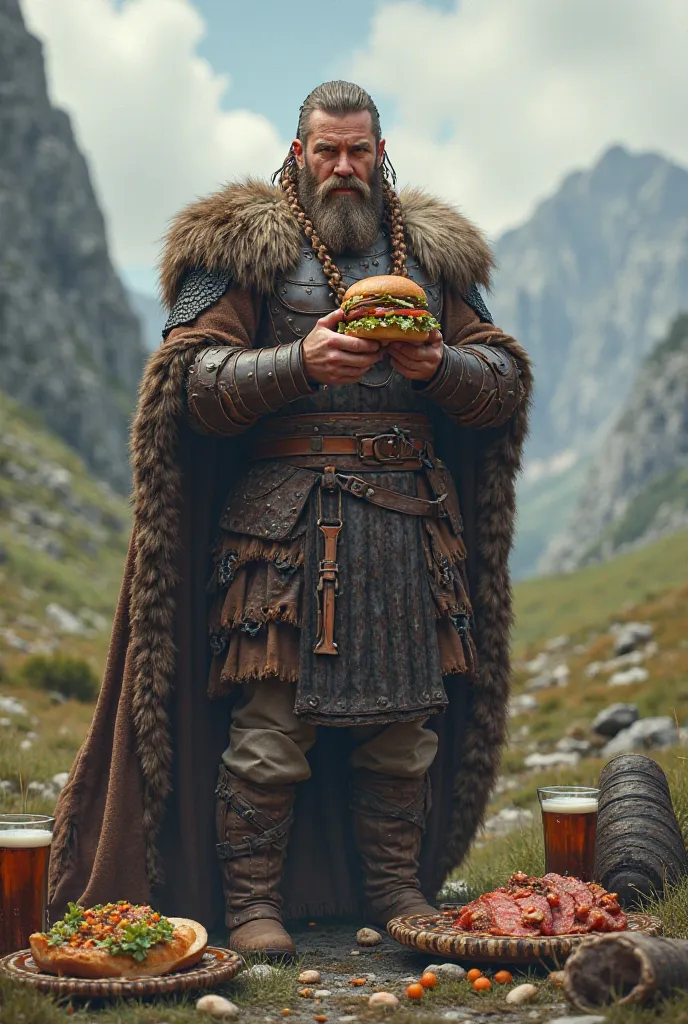 Full-body Viking eating hamburgers
