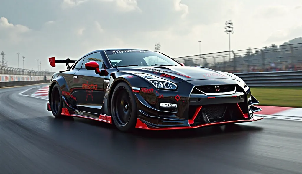 A black Nissan GT-R Nismo with red accents on a track, with a blurred background for a sense of speed.