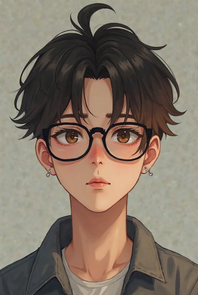 A 17-year-old looking boy with 1,72 tall white, thin, With dark brown straight hair, dark brown eye color who wears manga style glasses