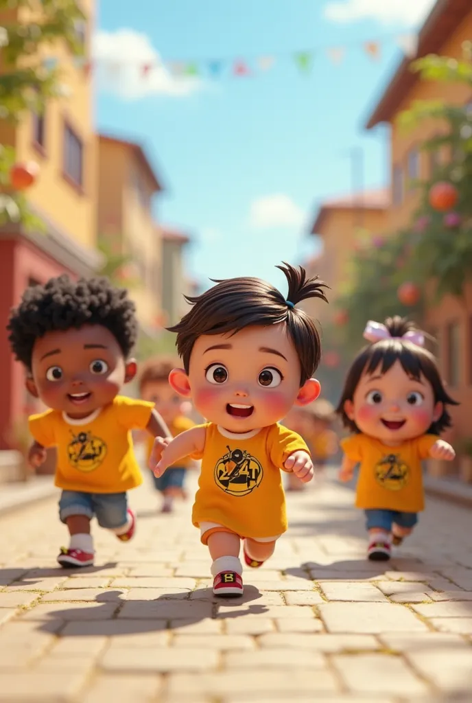 3D style animated image, a group of chibi little ren and smiling cutely giving cheerful and happy expressions from various races, running, wearing clothes with a picture of a cibhi bee and there is a number 241 written on the clothes they are wearing. the ...