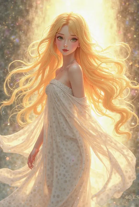 Goddess anime girl dressed in white with yellow long wavy hair