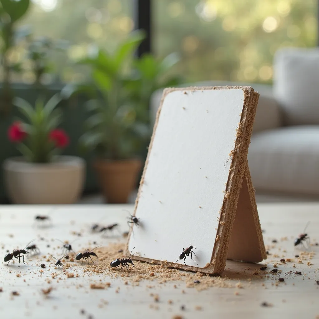 A realistic image of a black and white MDF piece of furniture placed in an area prone to pests, like a living room or a garden. Despite the presence of insects such as termites, bedbugs, and dust mites around the furniture, the surface remains untouched. T...