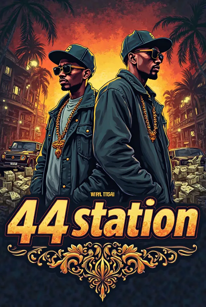 I need a logo with the name "44station", The background should be gangsta with money jewelry and cars and with 2 people.