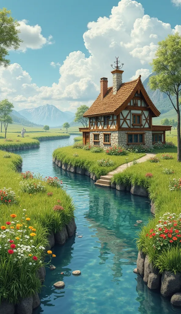 A beautiful three-dimensional raw house on the edge of a grass river on the walls, grass land, plants, flowers, trees, clouds in the sky