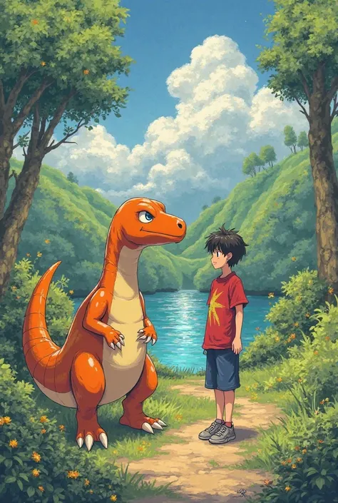 digimon world  1 from ps1 art concept, agumon with tamer, studio ghibli style