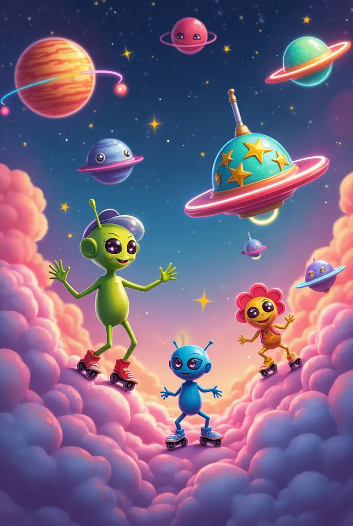  Main Scene :

bottom: A sky full of vibrant colors, with shades of purple, electric blue and neon pink. There are fluffy clouds in rounded shapes, con tonos pastel pero con bordes brillantes en amarillo y green limón.

planets:  In the background, several...