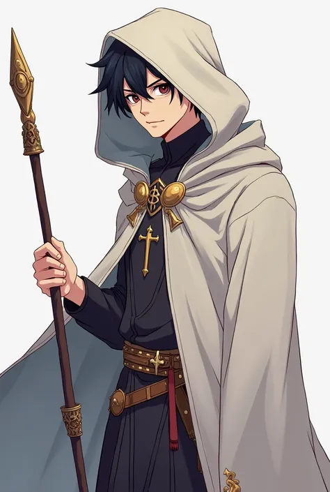 a cartoon image of a man in a hoodedie with a wand, black - haired mage, white cloak, wearing cloak, caleb from critical role, wearing a cloak, picture of a male cleric, dressed like a cleric, dressed in cloak, half body, open cloak, anime style