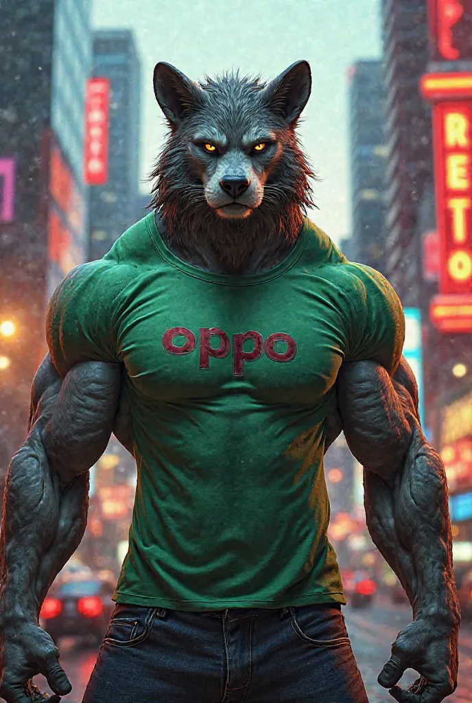 Muscular animal Reno with green Oppo brand shirt