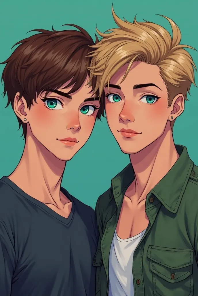 Create an image featuring two apparently sexy boys who appear to be 16 or , one of them I want to have brown hair and green eyes and another with half-brown blond hair and blue eyes, I want the background to be in green colors,  blue and purple ,