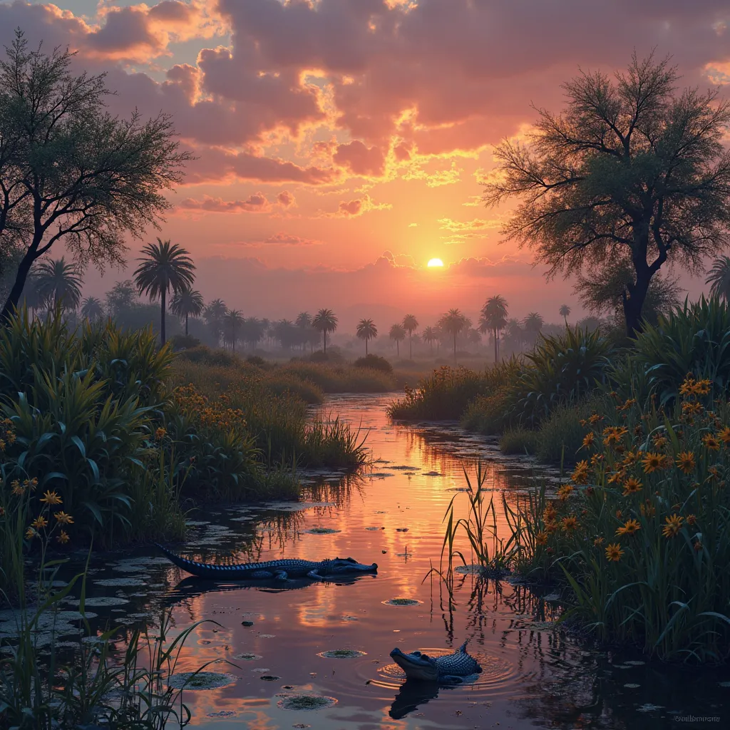 The sky is painted in shades of orange and purple as the sun goes down, a warm light over the shallow waters of the Qadir Oasis. Reeds and reeds sway softly in the night breeze, as small canals meander through the swamp, feeding vibrant fauna. Alligators g...