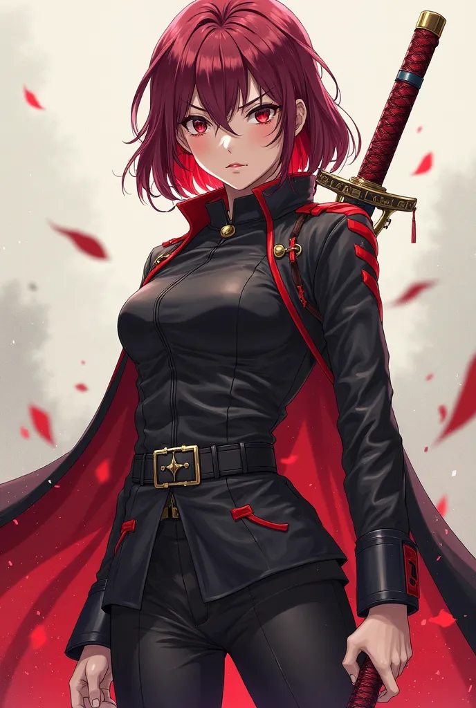 girl with dark crimson hair,  with brown eyes. in uniform , consisting of a black coat with red elements, black pants. belt with a katana case. holding a red katana. full-length image, anime